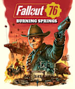Fallout 76 box art - The Ghoul stands with his gun aimed offscreen over a Burning Springs collage