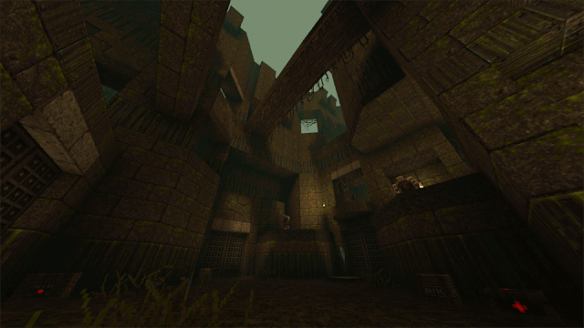 Outdoor environment with shadowed overhands and foggy green skies.