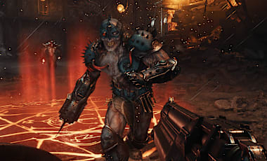 A fodder demon charges at the DOOM Slayer in a fiery combat scene.