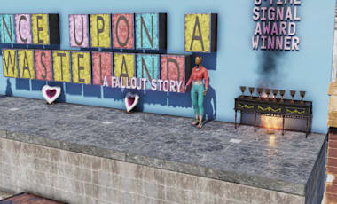 A C.A.M.P. in Fallout 76 displays a giant sign that says Once Upon a Wasteland: A Fallout Story