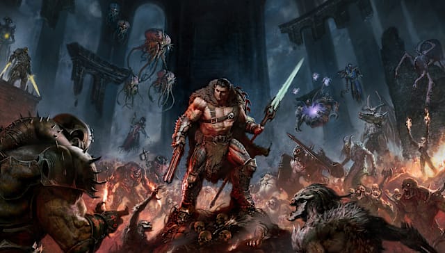 Keyart for DOOM: The Dark Ages | Revelations featuring the Slayer with Chain Spear.