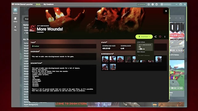 Image of selecting download in DOOM Eternal Mods Browser.