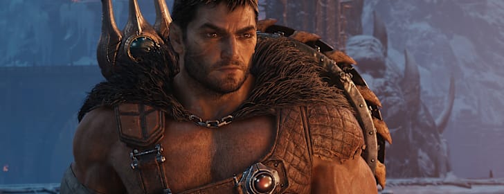 An unarmored DOOM Slayer is clad in barbarian gear.