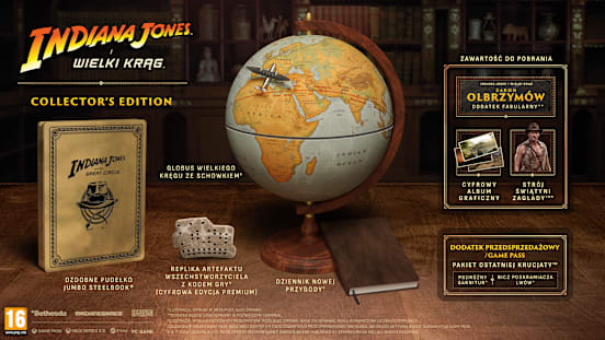 Grafika przedstawiająca zawartość Edycji Kolekcjonerskiej: replikę artefaktu Wszechstworzyciela, globus Wielkiego Kręgu, pudełko Jumbo SteelBook, dodatek fabularny Zakon Olbrzymów, cyfrowy album graficzny i strój Świątyni Zagłady.