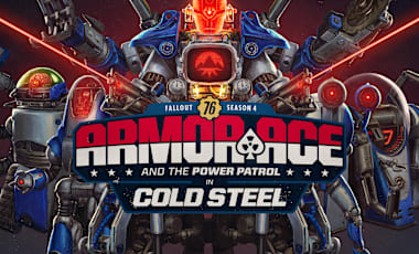 Fallout 76 Season 4 promotional art showing a large blue combat robot flanked by smaller armed robots, with red laser beams and the “Armor Ace and the Power Patrol in Cold Steel” logo in the center.