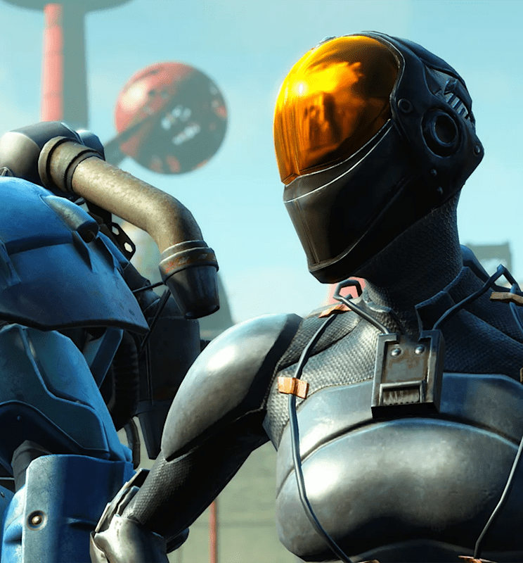 Two armored characters stand in Creation Item gear. 