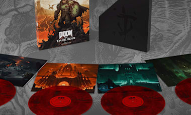 The contents of the DOOM: The Dark Ages Original Soundtrack 4LP Box Set, including four heavyweight LPs with thematic artwork for the inner sleeves. Artwork of the DOOM Slayer armed with his Flail and Shield Saw is featured on the exterior box.