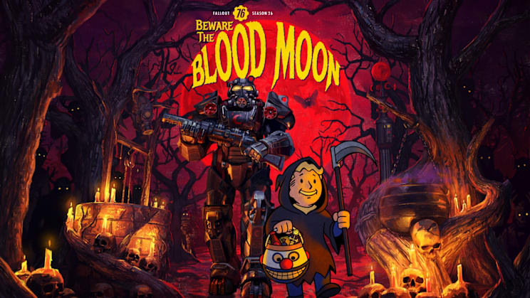 Vault Boy goes trick-or-treating in the woods, dressed as the Grim Reaper. Someone in Power Armor follows.