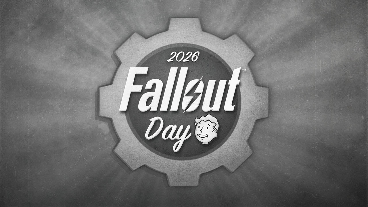 Biểu trưng Fallout Day 2026 nằm trong bánh răng, bên gương mặt Vault Boy trên nền xám.
