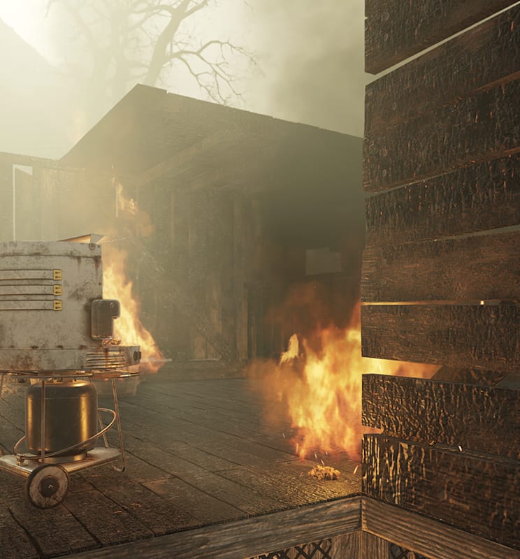 Inside a house on fire.