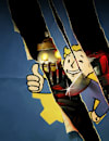 An Image of Vault Boy being SLASHED through by someone in a terrifying Power Armor Suit