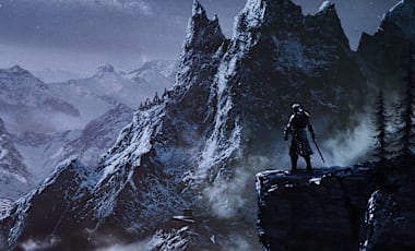 The Dragonborn stands on a cliff overlooking the snowy Skyrim region. Brightly colored constellations fill the sky and a dragon looms in the distance.