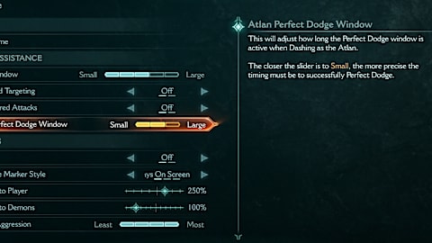 Image from DOOM: The Dark Ages in the Difficulty Modifiers menu showcasing the newly added Atlan Perfect Dodge Window submenu slider.