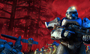 A character in power armor standing in the middle of a dark, red forest