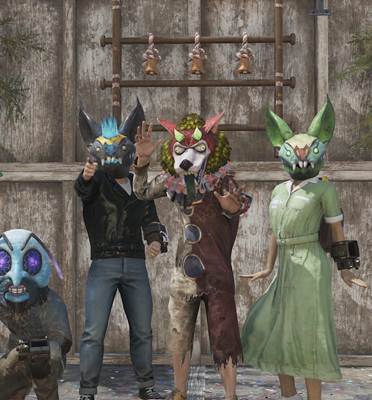 Four characters posing in Fasnacht masks