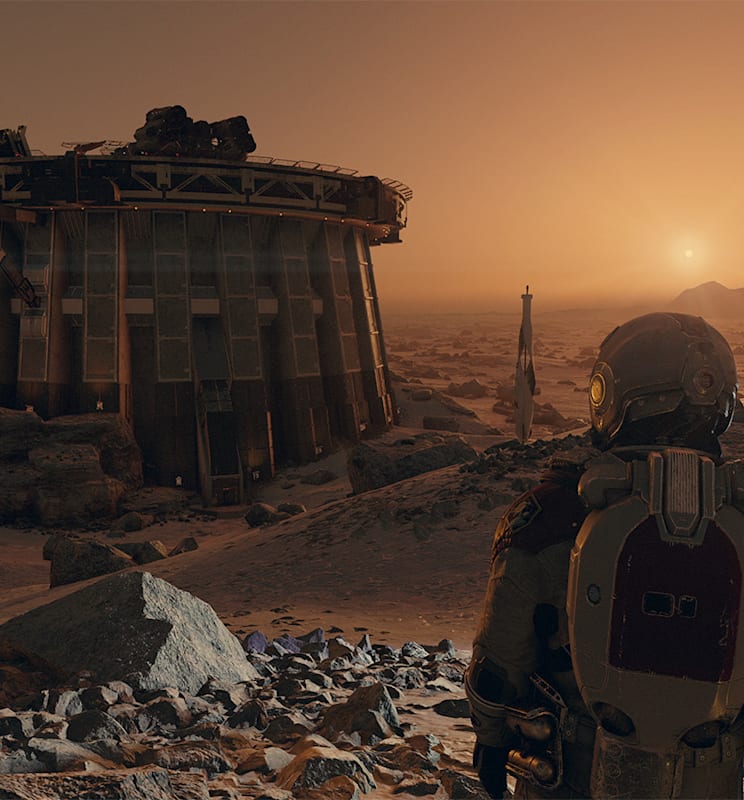A space explorer looks over a planetary horizon with a station constructed nearby.