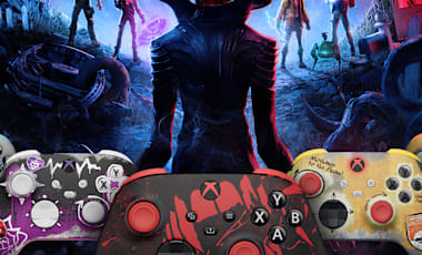 Six limited edition Xbox controllers displayed in front of the Redfall key art.