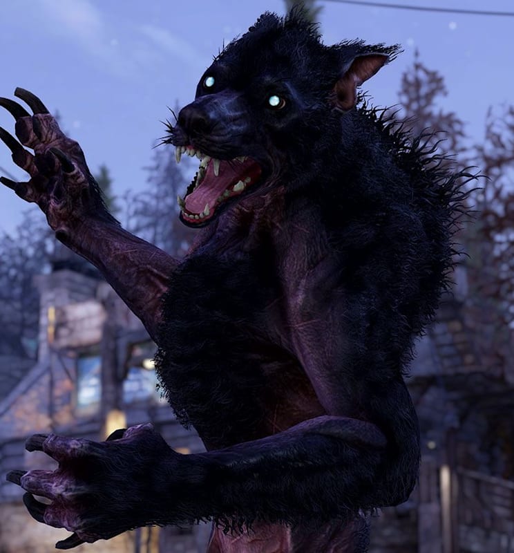 A gnarled lupine beast lunges towards the viewer. Its claws are raised and beady eyes glow a piercing light blue.