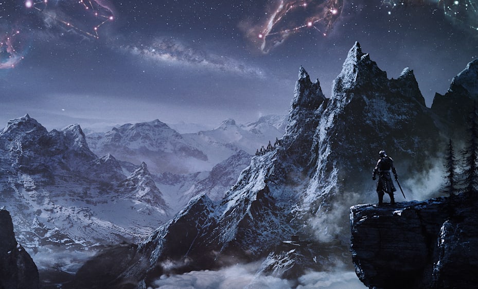The Dragonborn stands on a cliff overlooking the snowy Skyrim region. Brightly colored constellations fill the sky and a dragon looms in the distance.