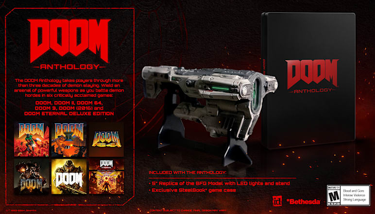 A SteelBook case and a five-inch model of the BFG 9000 stands next to a list of DOOM titles