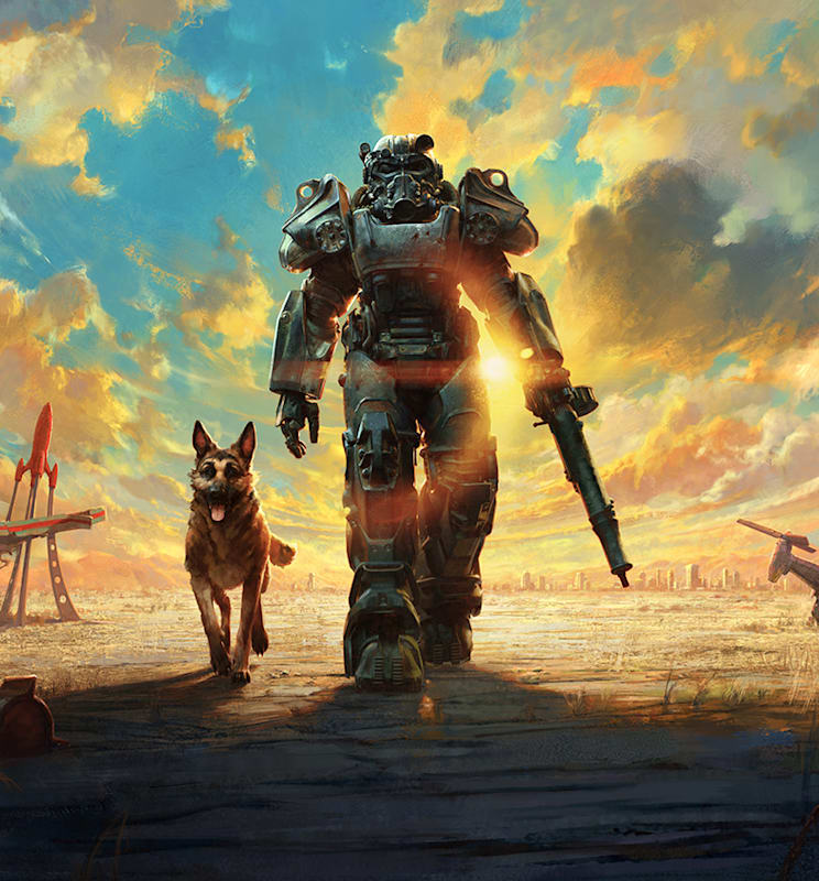 Fallout 4's Sole Survivor in Power Armor and Dogmeat walk through the Commonwealth