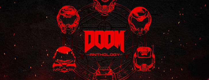 The DOOM Anthology keyart, featuring six different helmets representing different DOOM titles.