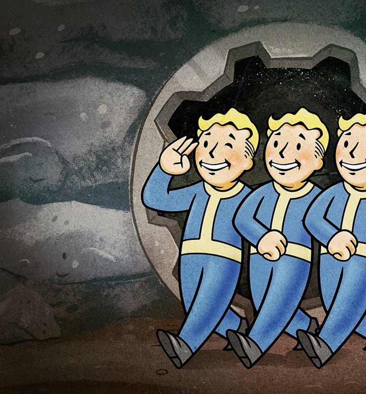 Three vault boys walking side by side outside of a vault