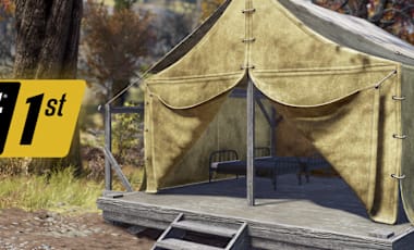 a large olive-green canvas tent with an open flap, revealing a cot inside. The tent is set on a wooden platform with steps leading up to it. In the background, there are autumn-colored trees and grass indicative of a temperate climate setting within the game. To the left of the image is the Fallout 1st logo