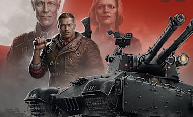 World of Tanks and Wolfenstein collaboration key art featuring the Zwilling tank, BJ Blazkowicz, Deathshead, and Frau Engel