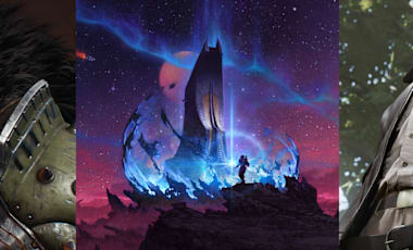 Compilation image of images from DOOM: The Dark Ages, Starfield's Shattered Space expansion, and Indiana Jones and the Great Circle