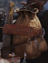  A character stands back to the viewer, rucksack packed and gun slung over the shoulders.
