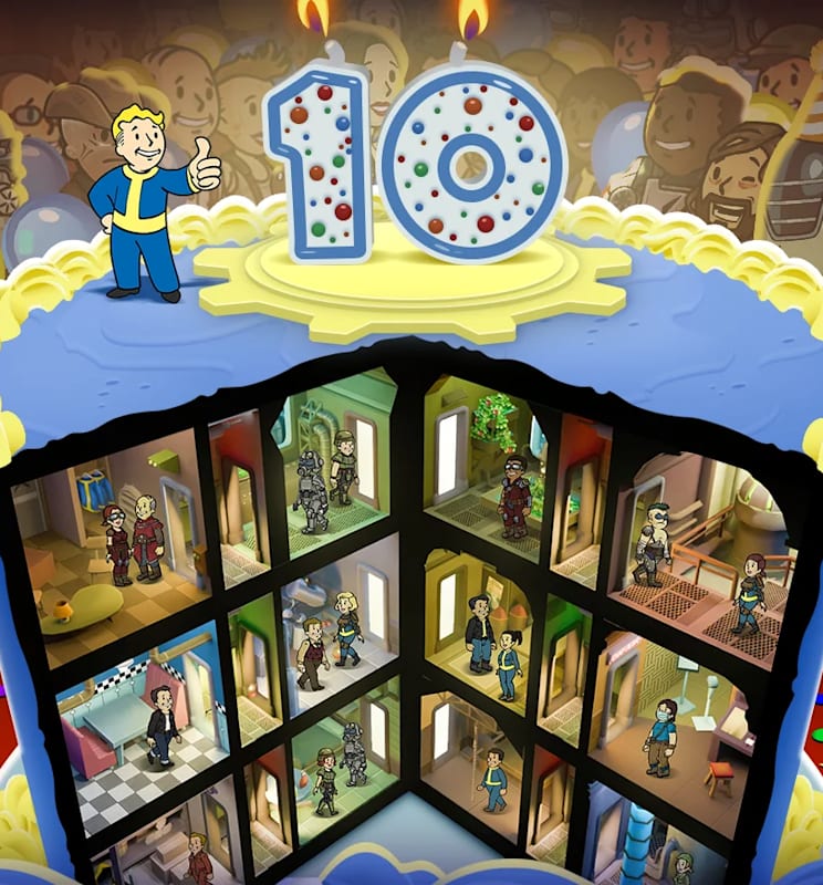 Celebratory image for the Fallout Shelter 10th Anniversary celebration. A large cake with birthday candles shaped like 10 sits in the middle. The cake is cut to reveal rooms of a Fall-out Shelter Vault. The background shows different Fallout Shelter characters in celebratory poses. 
