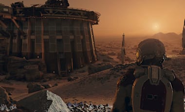 A space explorer looks over a planetary horizon with a station constructed nearby.
