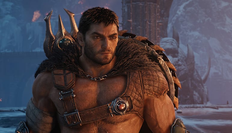 An unarmored DOOM Slayer is clad in barbarian gear.