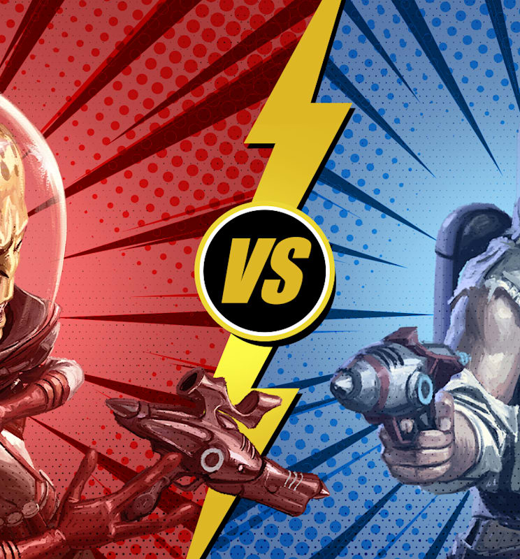 Character in a retro spacesuit aims a ray gun at an alien in a domed helmet as the two charge toward each other in a comic‑style showdown.