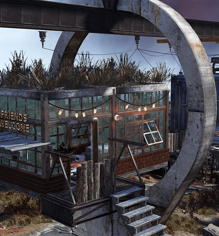 A Fallout 76 screenshot of an impressive C.A.M.P. with a sign reading "Friends Welcome"