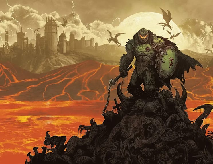 The DOOM Slayer stands on a horde of slain monsters