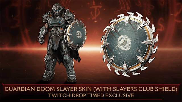The DOOM Slayer in bluish-grey and gold accent colors. His Shield Saw bears the Slayers Club logo.