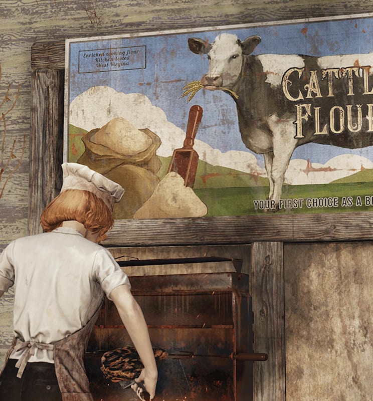 A player character in an apron and chef’s hat works a grill. In front of them is a billboard for “Cattle Flour.”