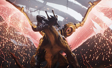 A vicious-looking dragon spreads its cybernetic wings and roars.