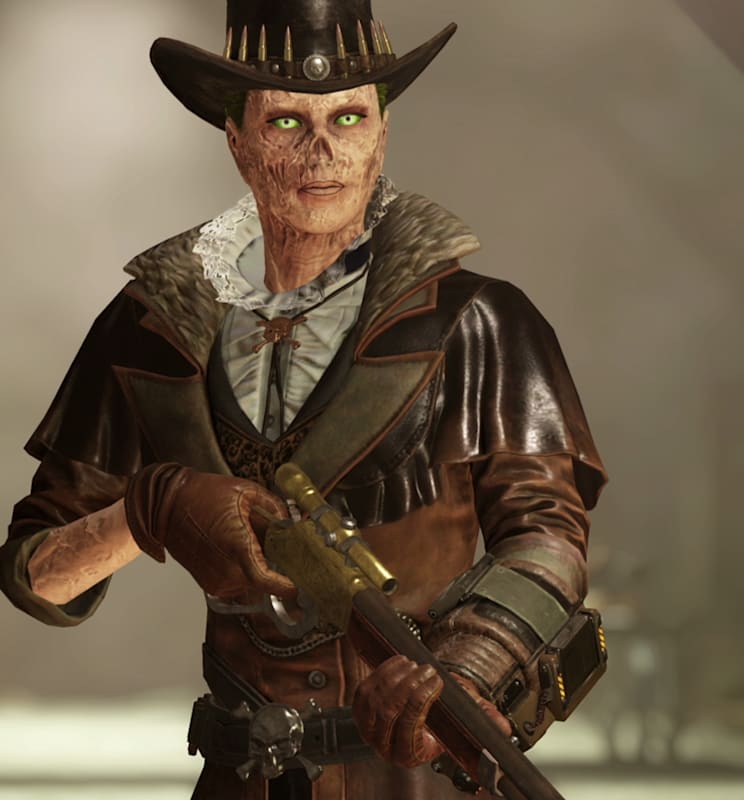 An image of a Ghoul wearing a cowboy hat and leather clothing. They're holding a lever-action rifle.