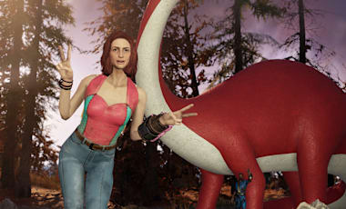 A woman posing in front of a brontosaurus. 