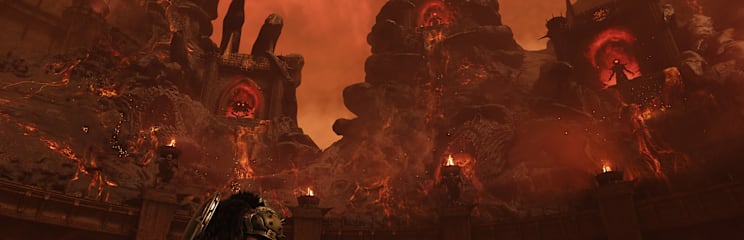 The DOOM Slayer stands before a High Council of mysterious figures.