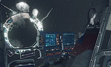 View from inside the cockpit of your ship, looking out at the disabled satellite