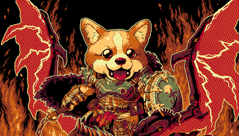 A rendition of the DOOM Slayer as a corgi smiles at the viewer.