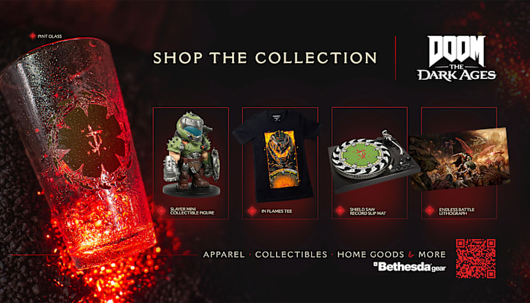 The DOOM: The Dark Ages Collection, including the Mini DOOM Slayer collectible figure, wall art, accessories and more!