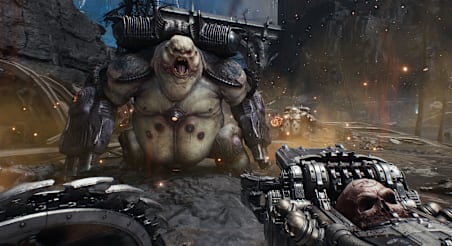 DOOM The Dark Ages Slayer facing a large demon to test shield and melee upgrades for achievement cleanup