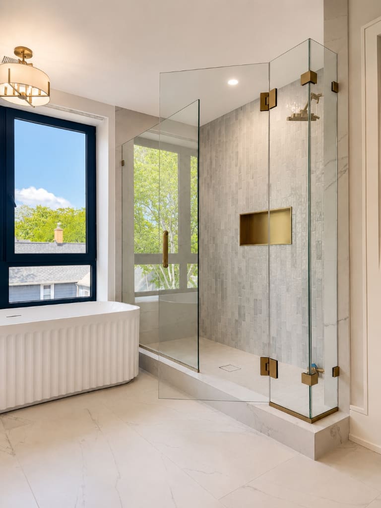 Frameless glass shower door with brushed bronze hardware in a modern Chicago bathroom