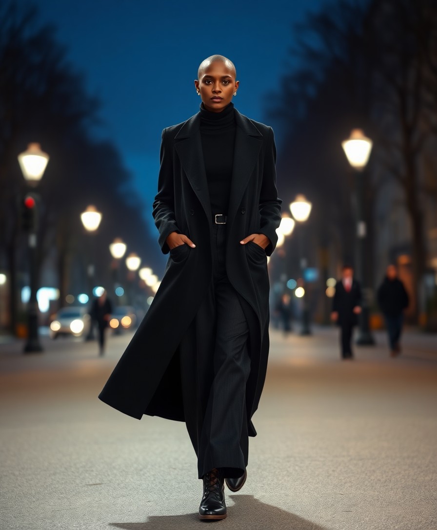 Woman with shaved head wearing a long black wool coat and black turtleneck, walking down an illuminated evening street lined with streetlamps and blurred pedestrians against a deep blue twilight sky.
