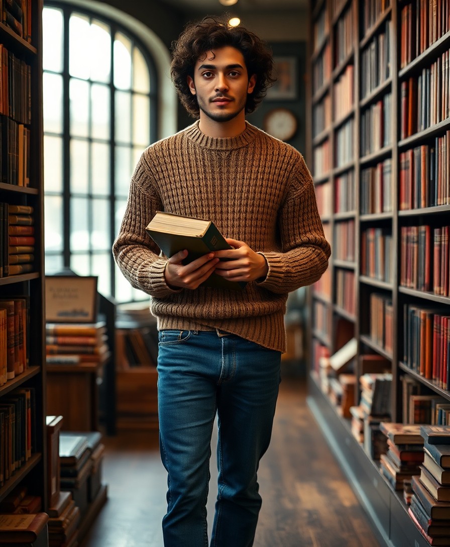 Man with dark wavy hair wearing a tan ribbed knit sweater and blue jeans, holding an open book, standing in a library aisle between wooden bookshelves with warm lighting from arched window behind.